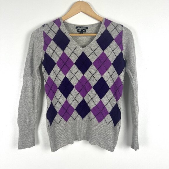 Apt. 9 100% Cashmere Argyle Sweater Women’s S Fitted Gray Classic Academia Y2K - Picture 1 of 6